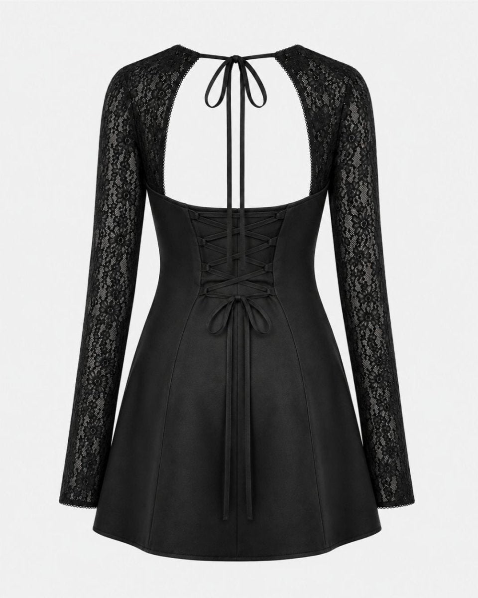 A black long-sleeve lace dress with a fitted corset-style waist, lace-up back, and tie-front detail, shown on a plain light gray background.