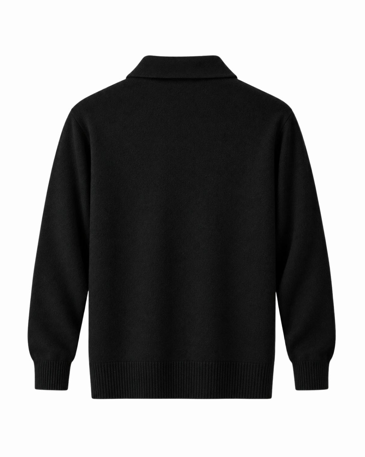 A black knit sweater with a mock neck collar, shown from the back on a clean white background.