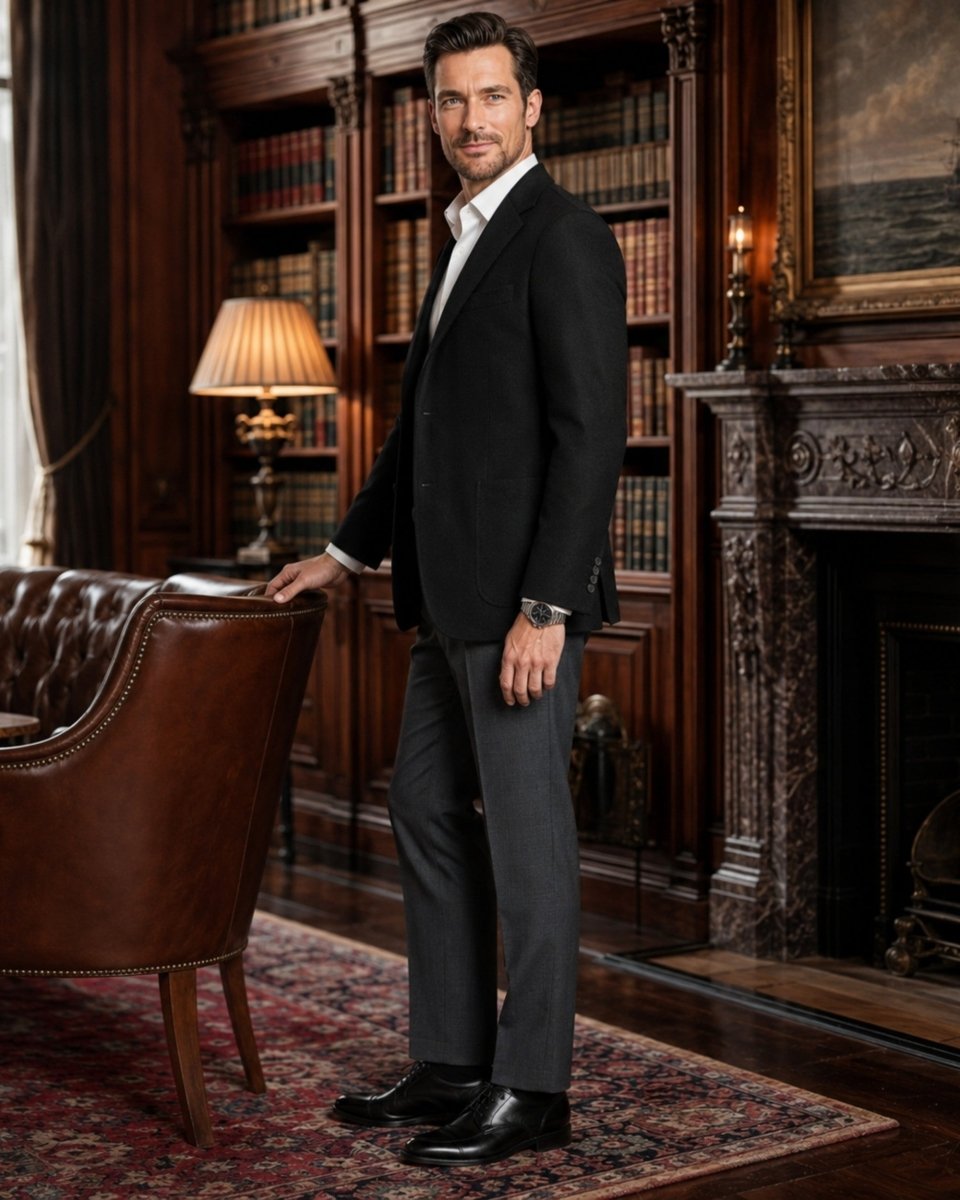 A man wearing a black blazer, white dress shirt, and gray dress pants stands in a classic library or study with bookshelves, a leather armchair, and a fireplace.