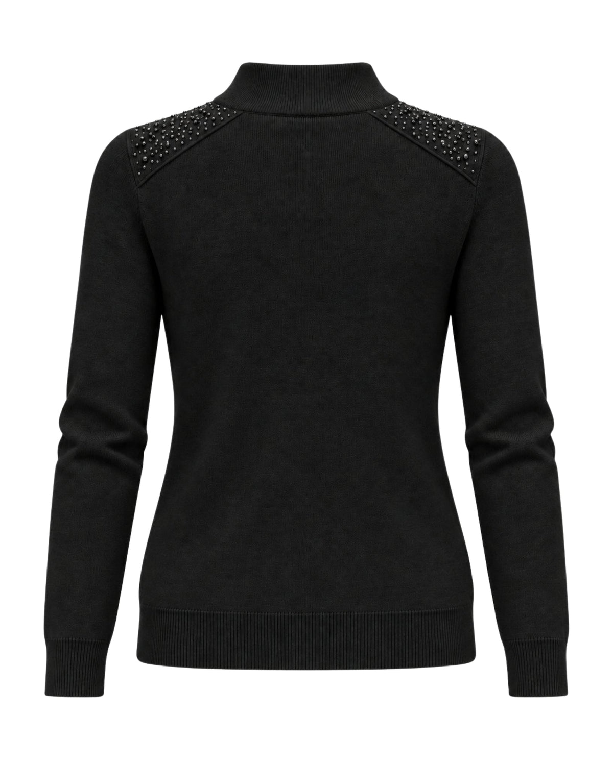 A black long-sleeve mock neck sweater with decorative silver rhinestone embellishments on the shoulders, shown from the back against a plain white background.