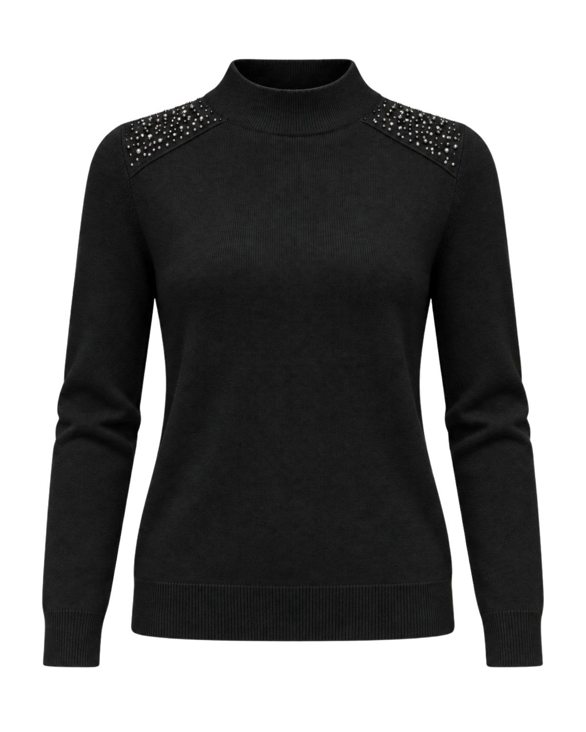 A black long-sleeve mock neck sweater with decorative silver rhinestone embellishments on the shoulders, shown against a plain white background.