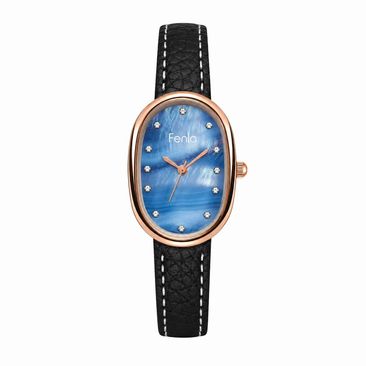 Fenlo women's watch featuring an oval rose gold case, a blue mother-of-pearl dial with rhinestone hour markers, and a textured black leather strap with white stitching.