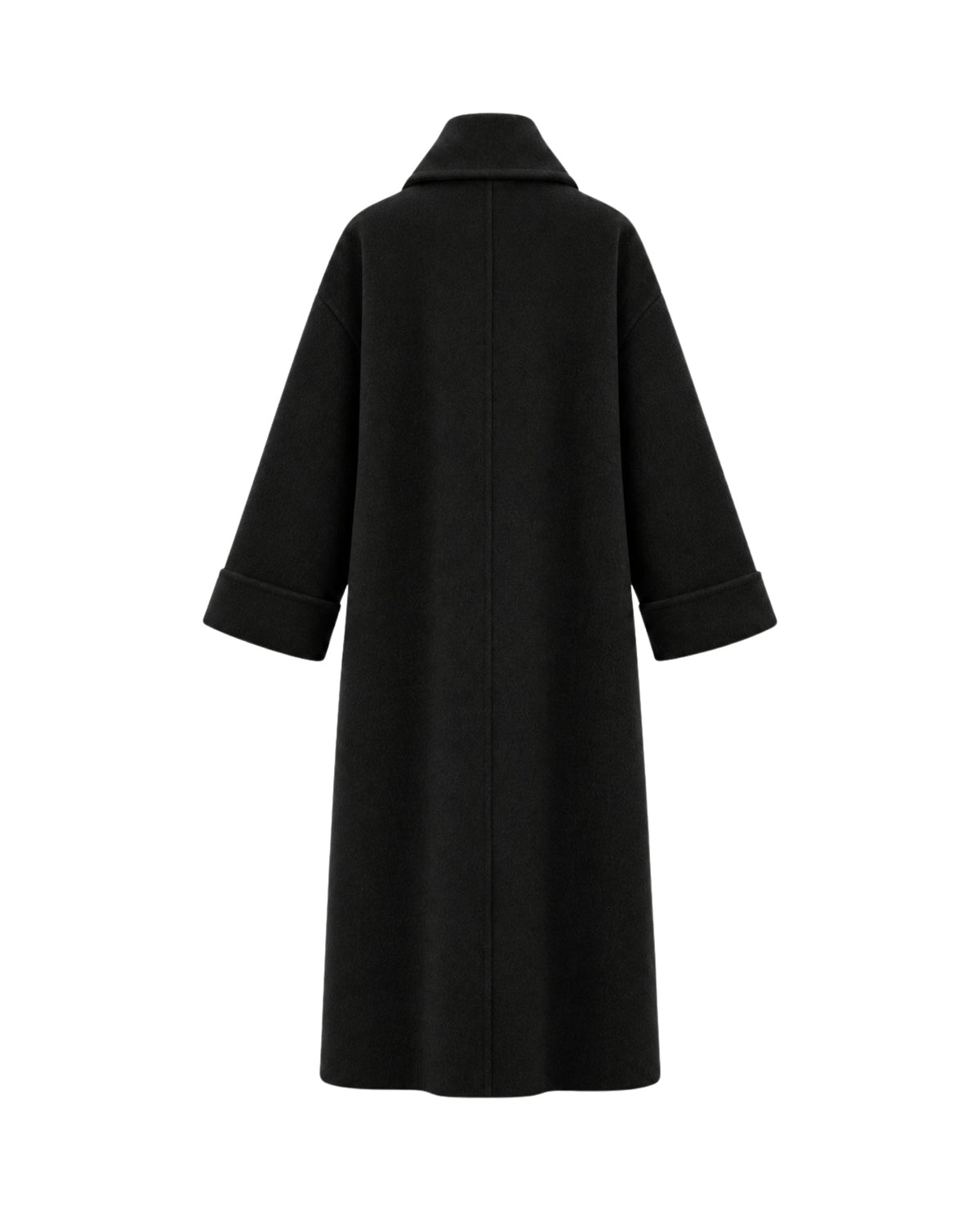 A black long-line coat with three-quarter sleeves and a pointed collar, shown from the back on a plain white background.