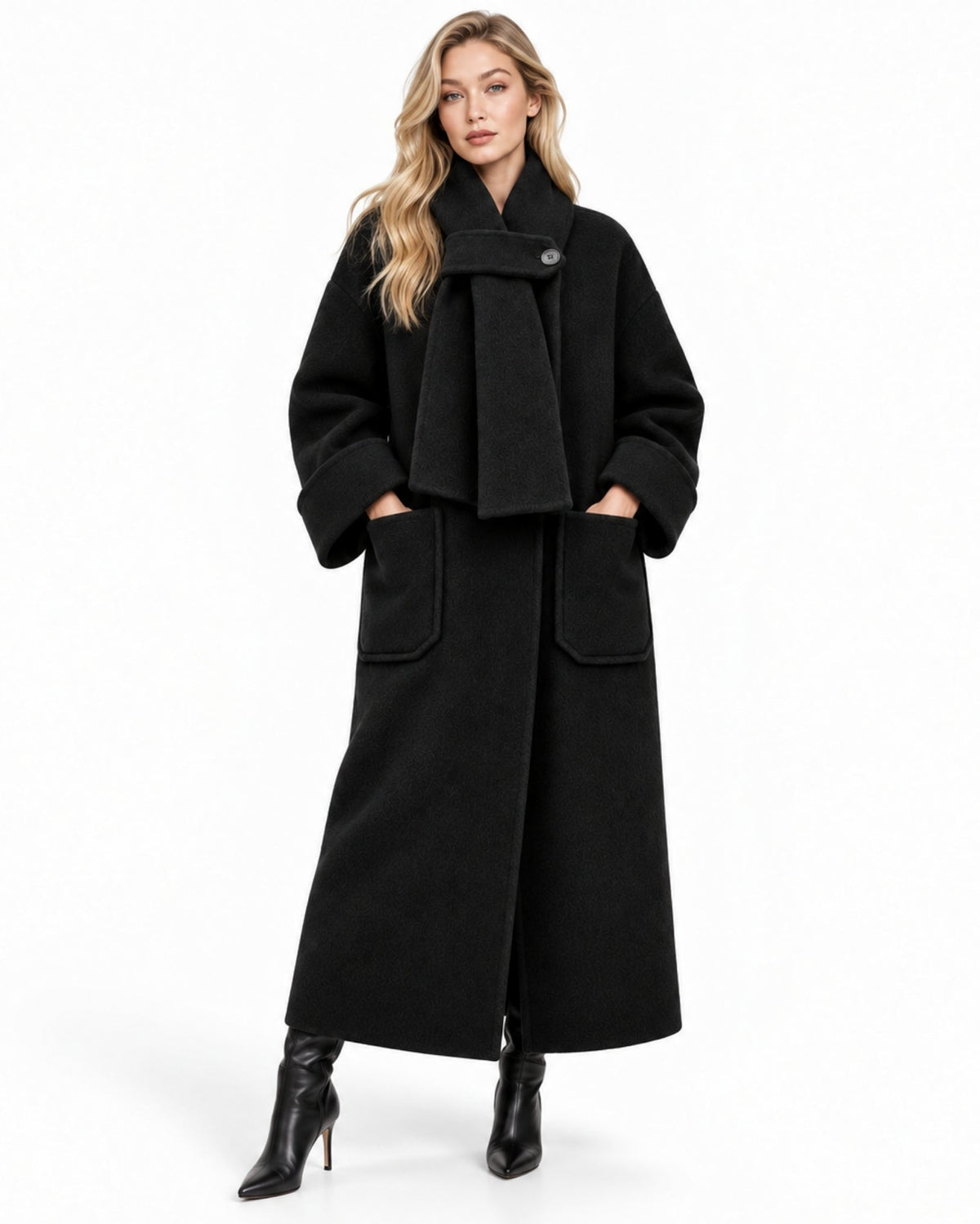 A woman modeling a long black wool coat with a wide shawl collar, front patch pockets, and wide cuffs, paired with black pointed-toe heeled boots against a plain white studio background.
