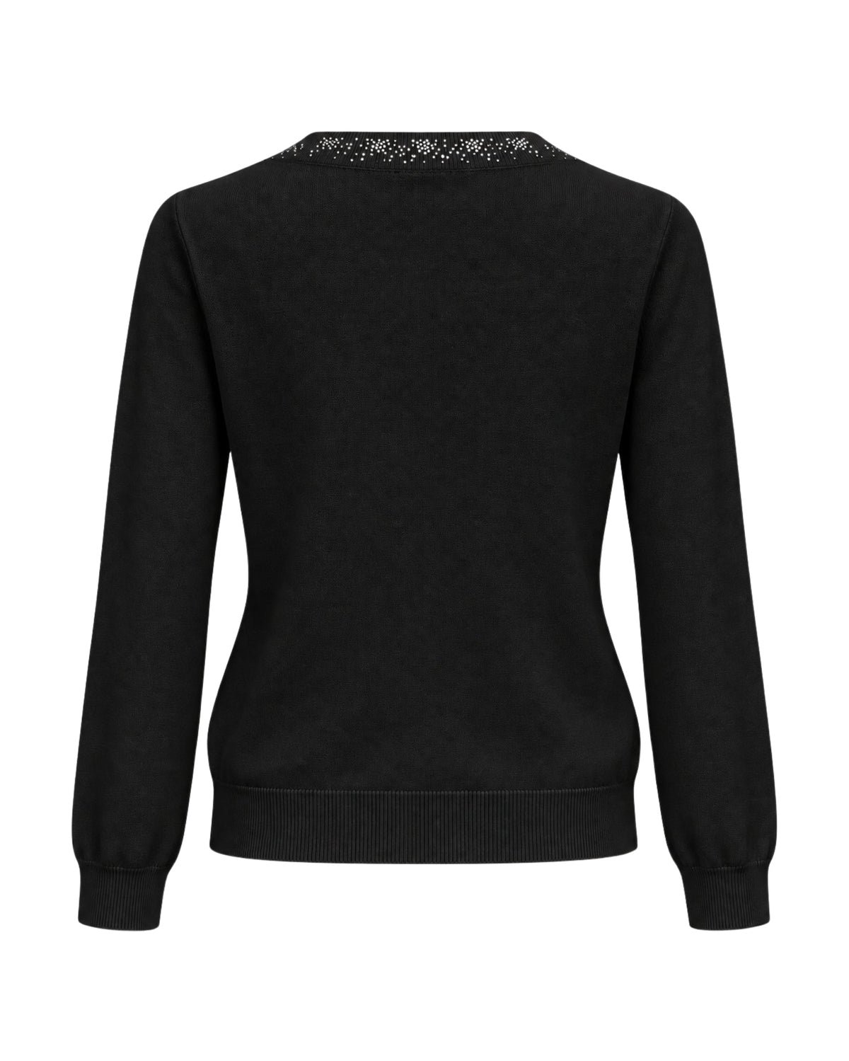 A black long-sleeve knit sweater shown from the back, featuring a delicate textured lace trim along the crew neckline, set against a plain white background.