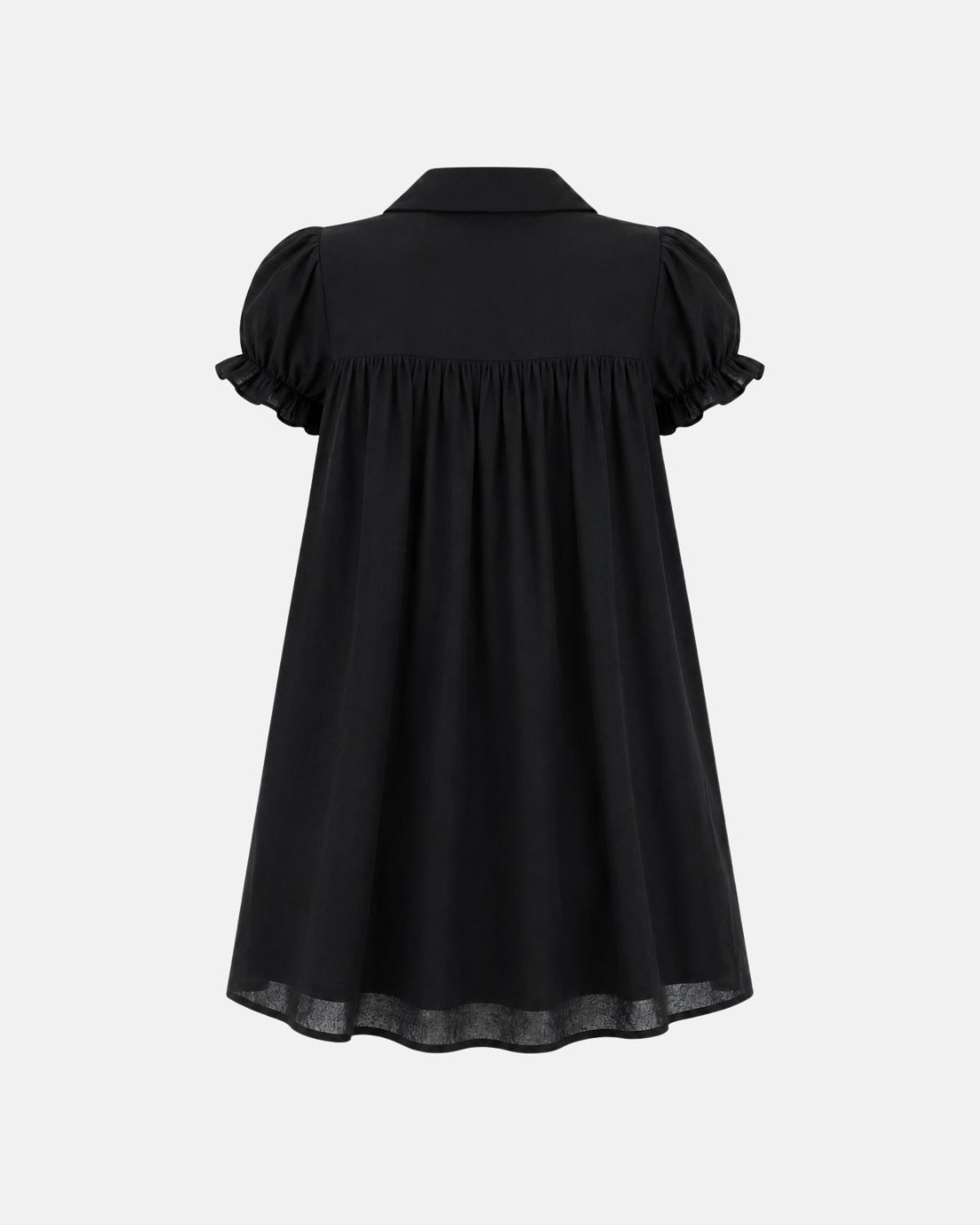 A black short-sleeve blouse shown from the back, featuring puffed sleeves with ruffled edges, a defined waist seam, and a slightly sheer hem, displayed against a light gray background.