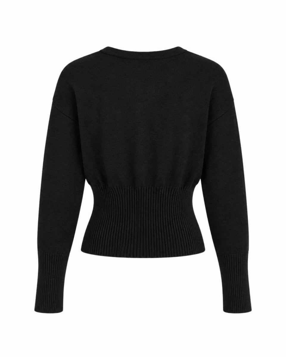 A black long-sleeve knit sweater with a crew neck and a ribbed waistband, shown from the back on a plain white background.