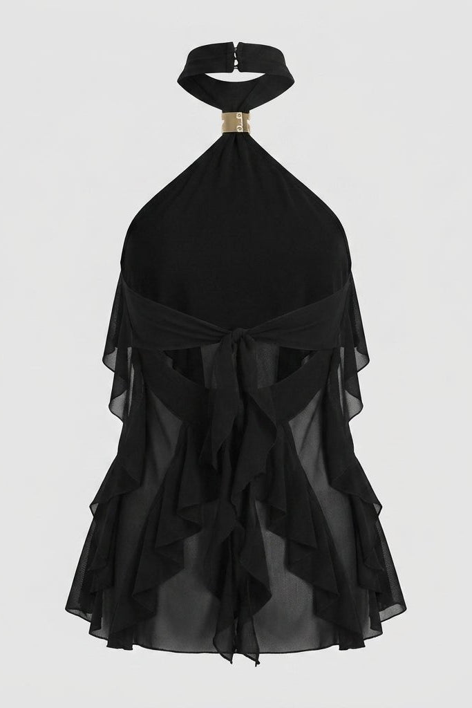 Black halter-neck dress with layered skirt on a light gray background