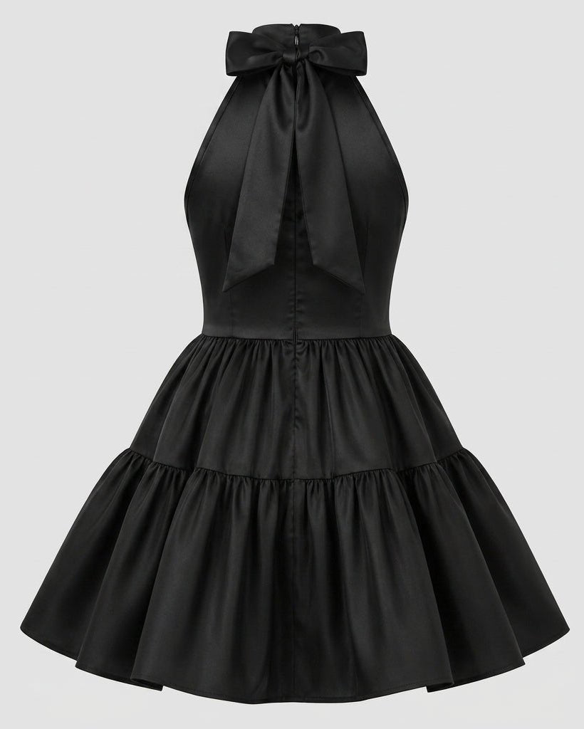 Ghost mannequin back view of the black satin party mini dress highlighting the tailored bodice, back zip closure, and double tiered gathered skirt.