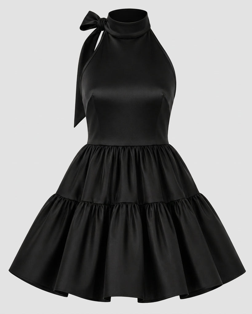 Ghost mannequin front view of the black satin tiered ruffle mini dress featuring a high halter neckline and statement bow tie.