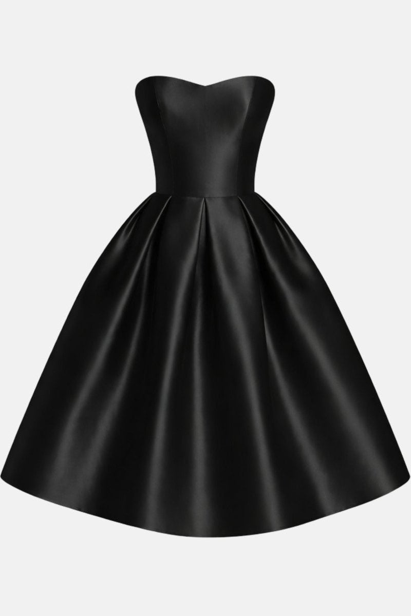 Studio product shot of black satin strapless sweetheart midi party dress by Fenlo Form