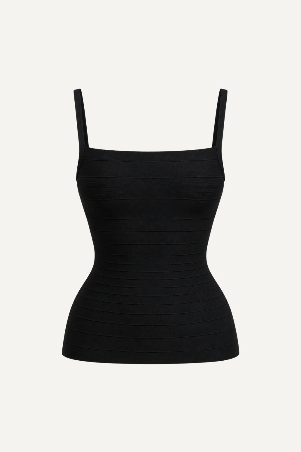 A black ribbed knit camisole top with thin shoulder straps and a square neckline, shown against a plain off-white background.
