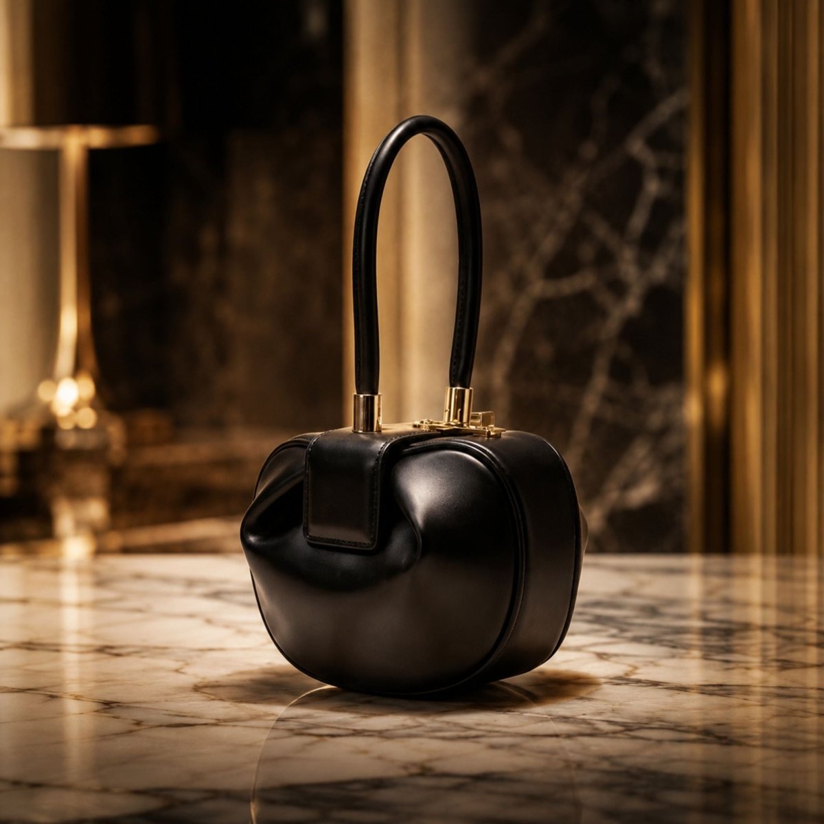 A black leather handbag with a rounded, sculptural shape and a single top handle, resting on a polished marble surface against a dark, elegant interior background.