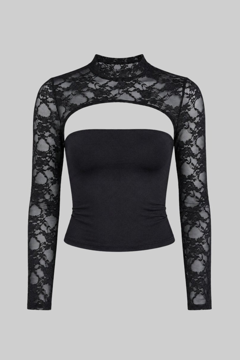 Flat lay studio shot of a black fitted women's top with sheer lace long sleeves, high neck, and front bust cutout.