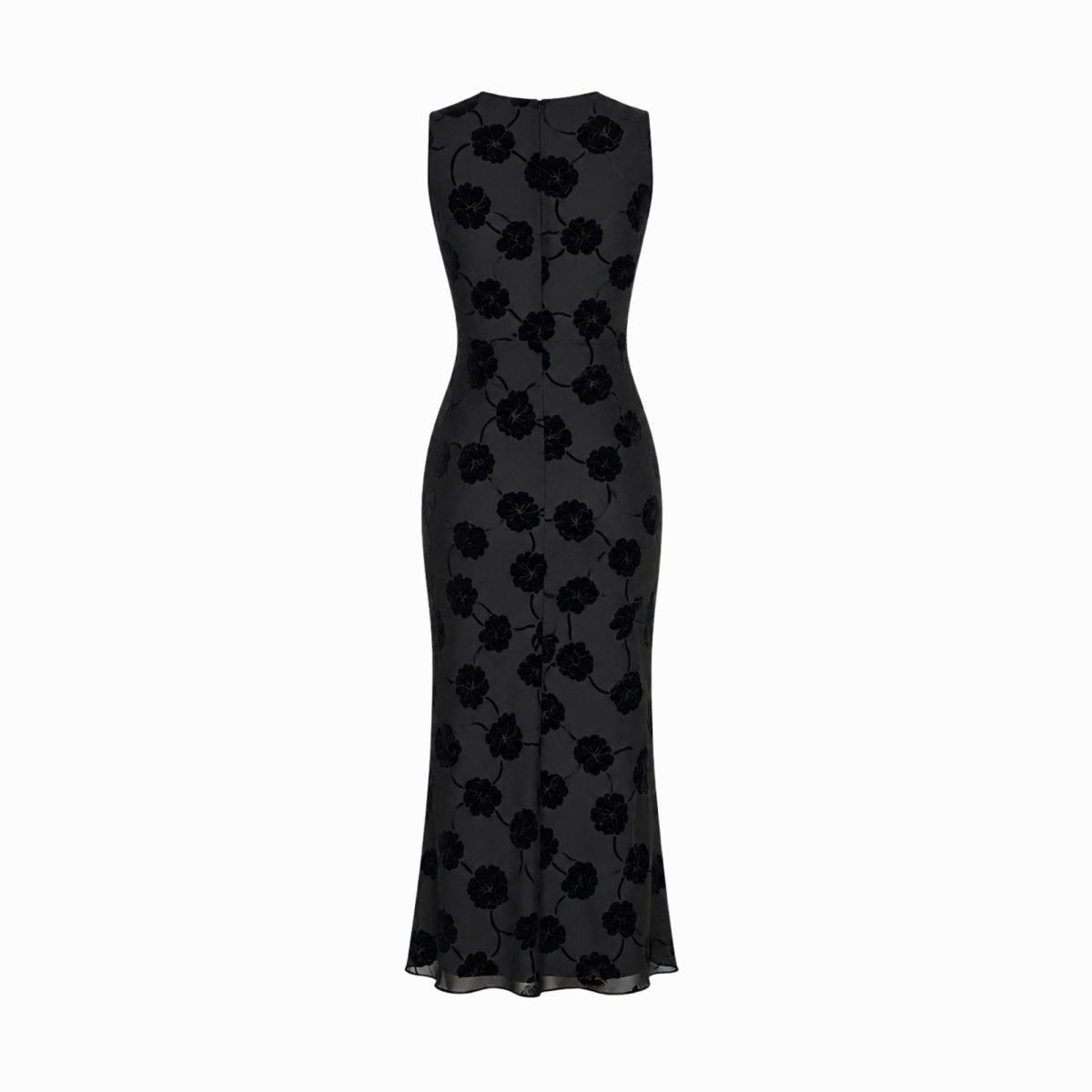 Flat lay back view of black sleeveless trumpet silhouette evening dress