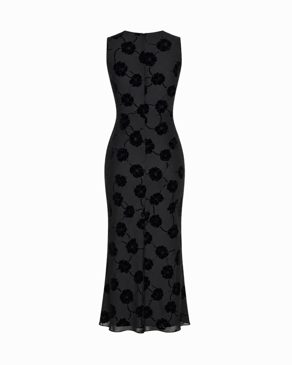 Flat lay back view of black sleeveless trumpet silhouette evening dress