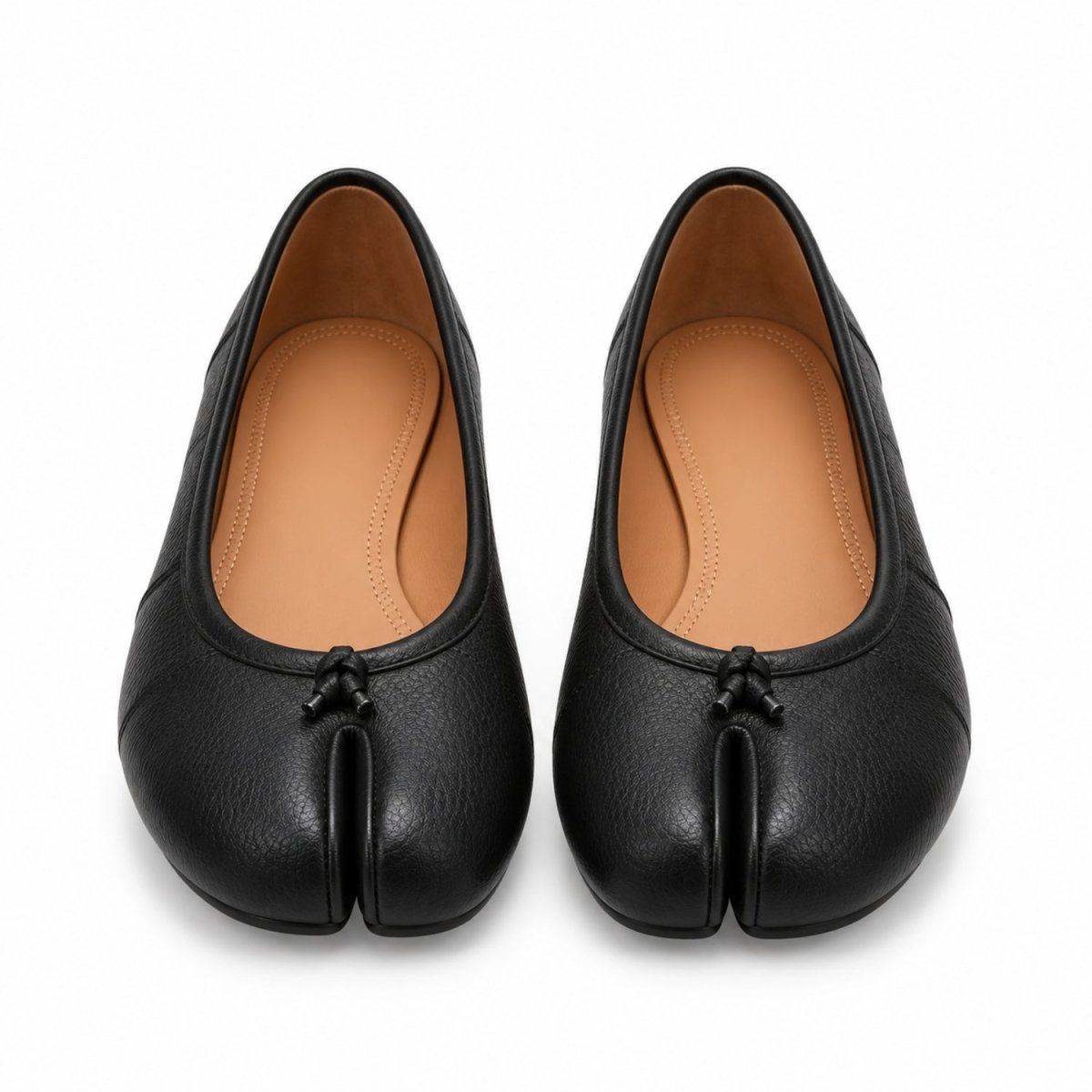 A pair of black leather Japanese tabi shoes with a traditional split-toe design, shown from a top-down view on a white background.