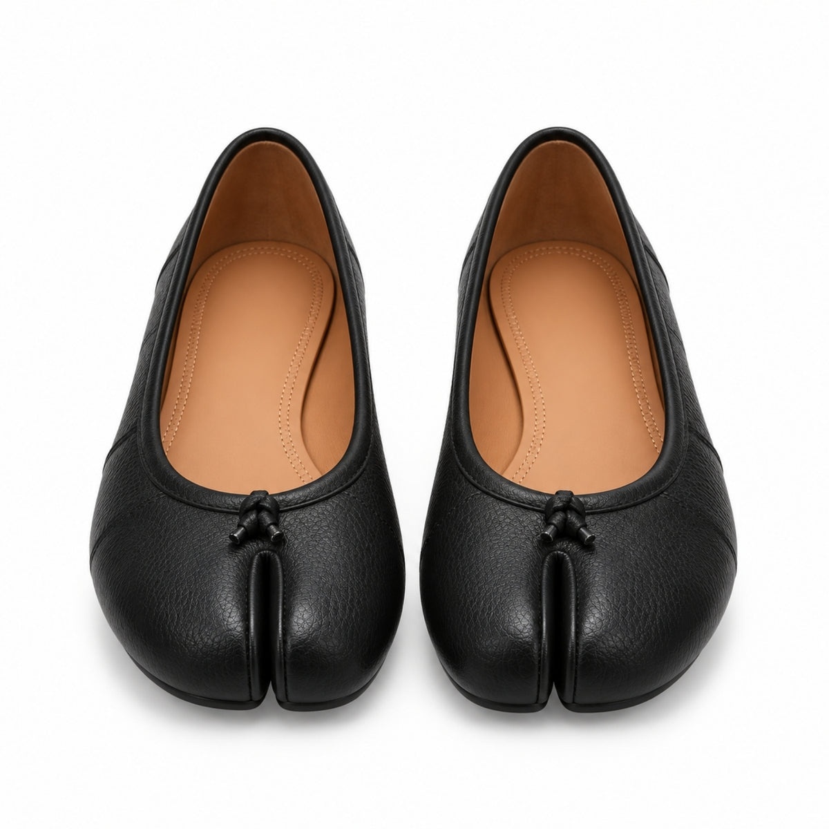 A pair of black leather Japanese tabi shoes with a traditional split-toe design, shown from a top-down view on a white background.
