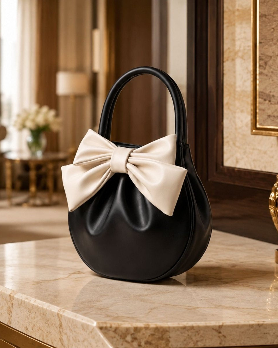 A black leather handbag with a large cream satin bow on the front, displayed on a polished marble countertop in an elegant interior setting.