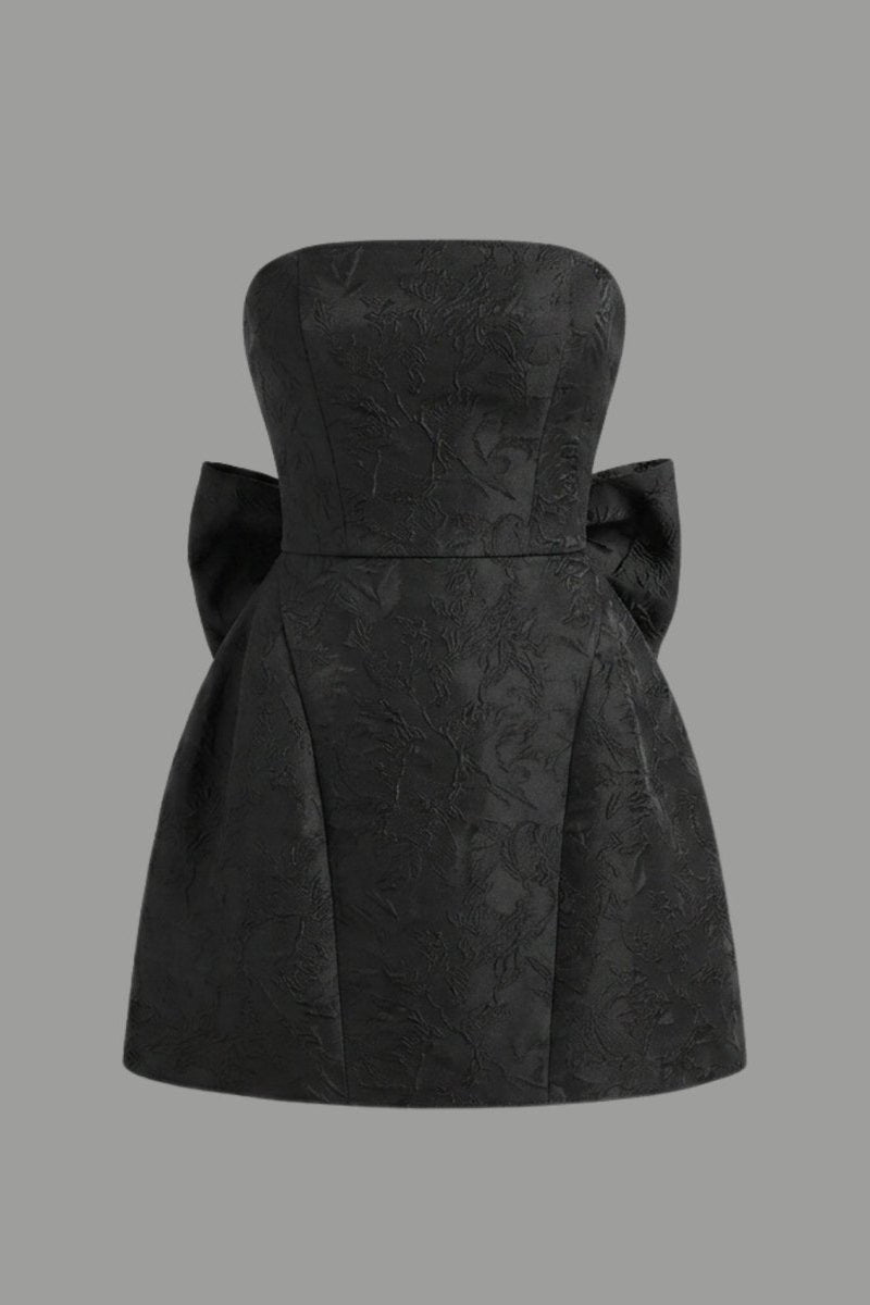 Ghost mannequin front styling of a black strapless party dress with A-line skirt and textured fabric.
