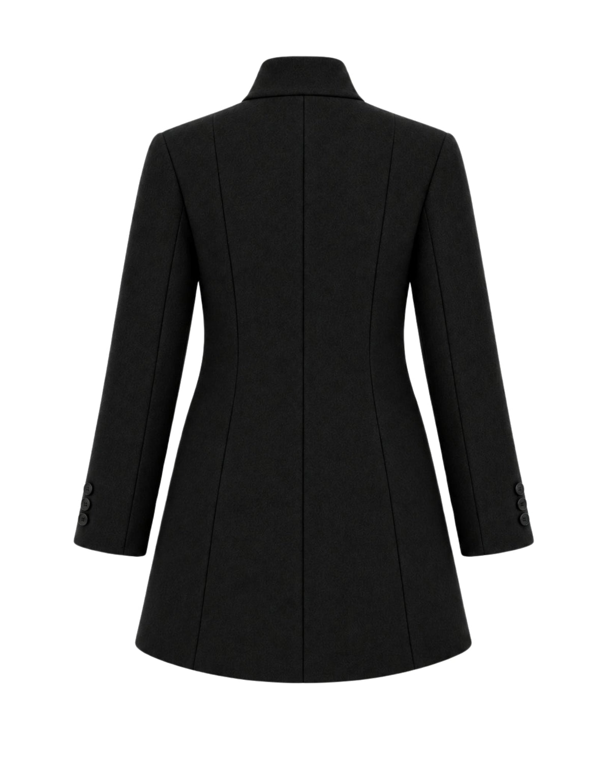 A black tailored blazer shown from the back, featuring a structured collar, long sleeves, and a flared silhouette, photographed on a plain white background.