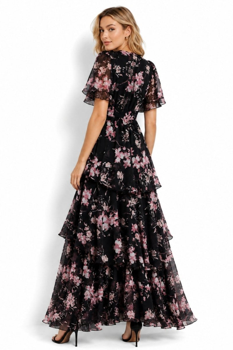 Back view of romantic black floral v-neck chiffon gown with flutter sleeves