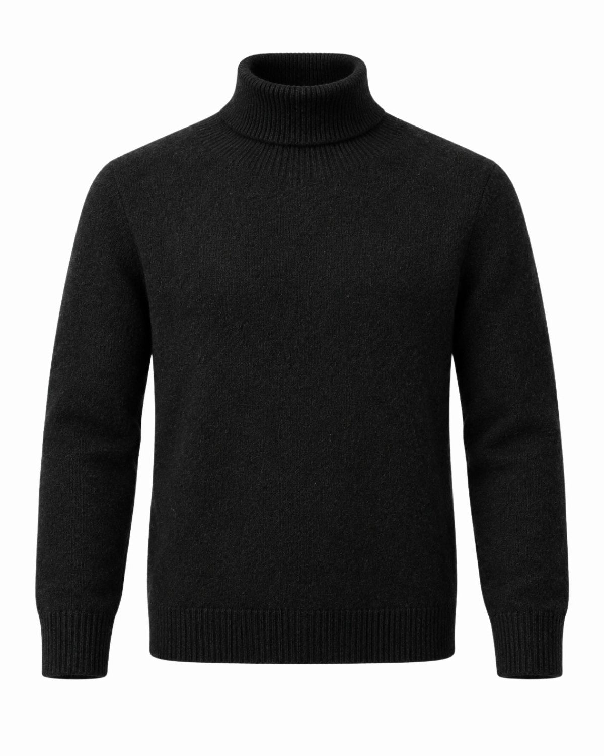 A black knit turtleneck sweater with ribbed collar, cuffs, and hem, shown on a plain white background.