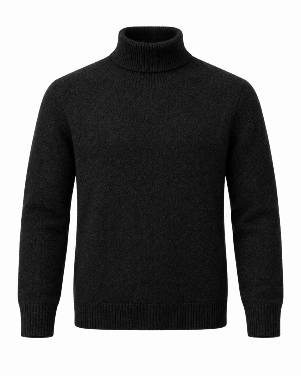 A black knit turtleneck sweater with ribbed collar, cuffs, and hem, shown on a plain white background.