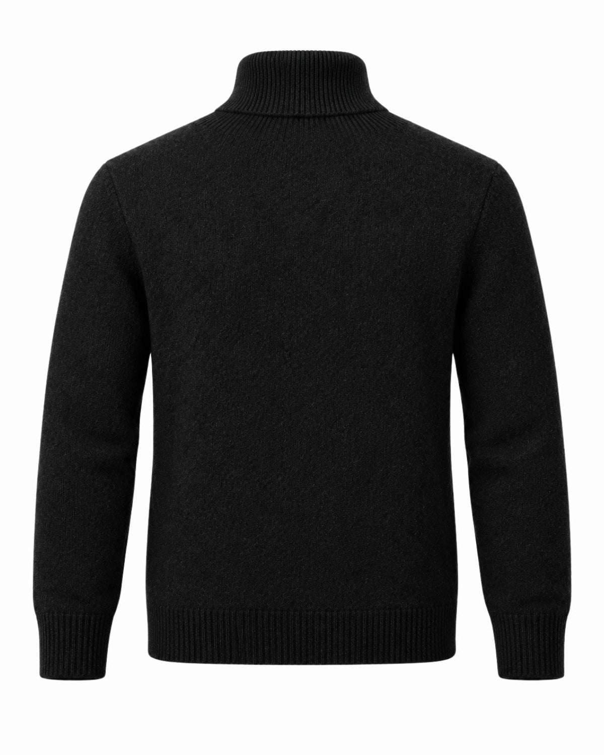 A black long-sleeve knit sweater with a ribbed mock neck, cuffs, and hem, shown from the back on a plain white background.