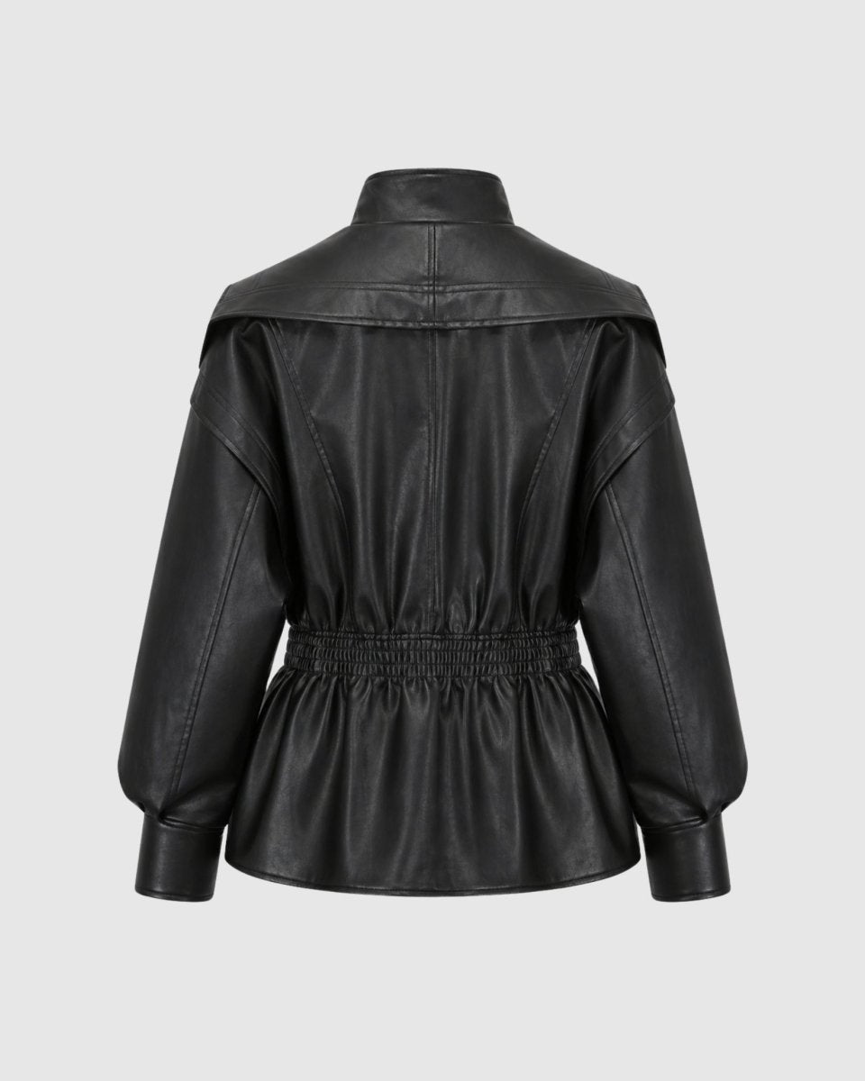 Back flat lay view of black vegan leather jacket highlighting the elasticated waistband and wide collar detail.