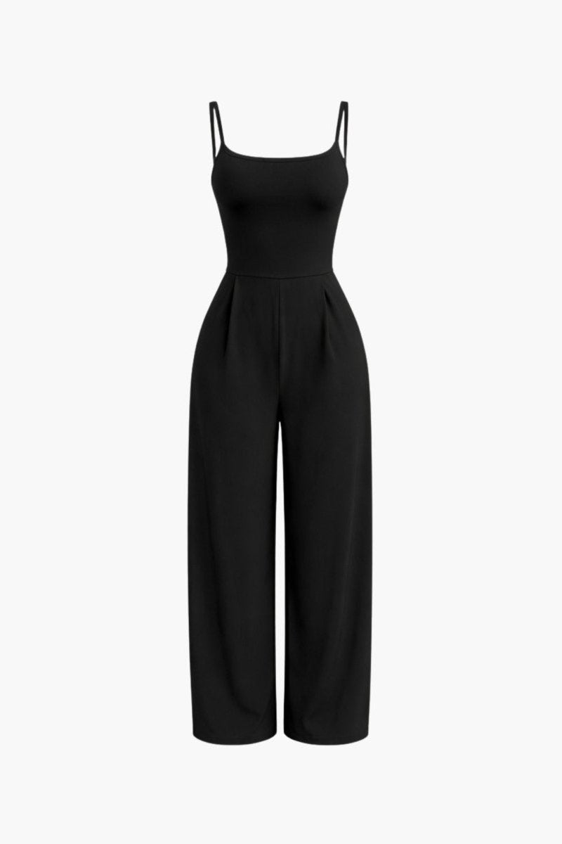 Flat lay front view of Fenlo Form black scoop neck wide leg jumpsuit with pleated trousers