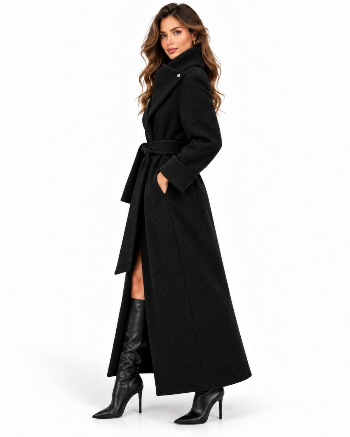 A woman modeling a long black wrap coat with a matching waist belt, paired with black knee-high boots, against a plain white studio background.