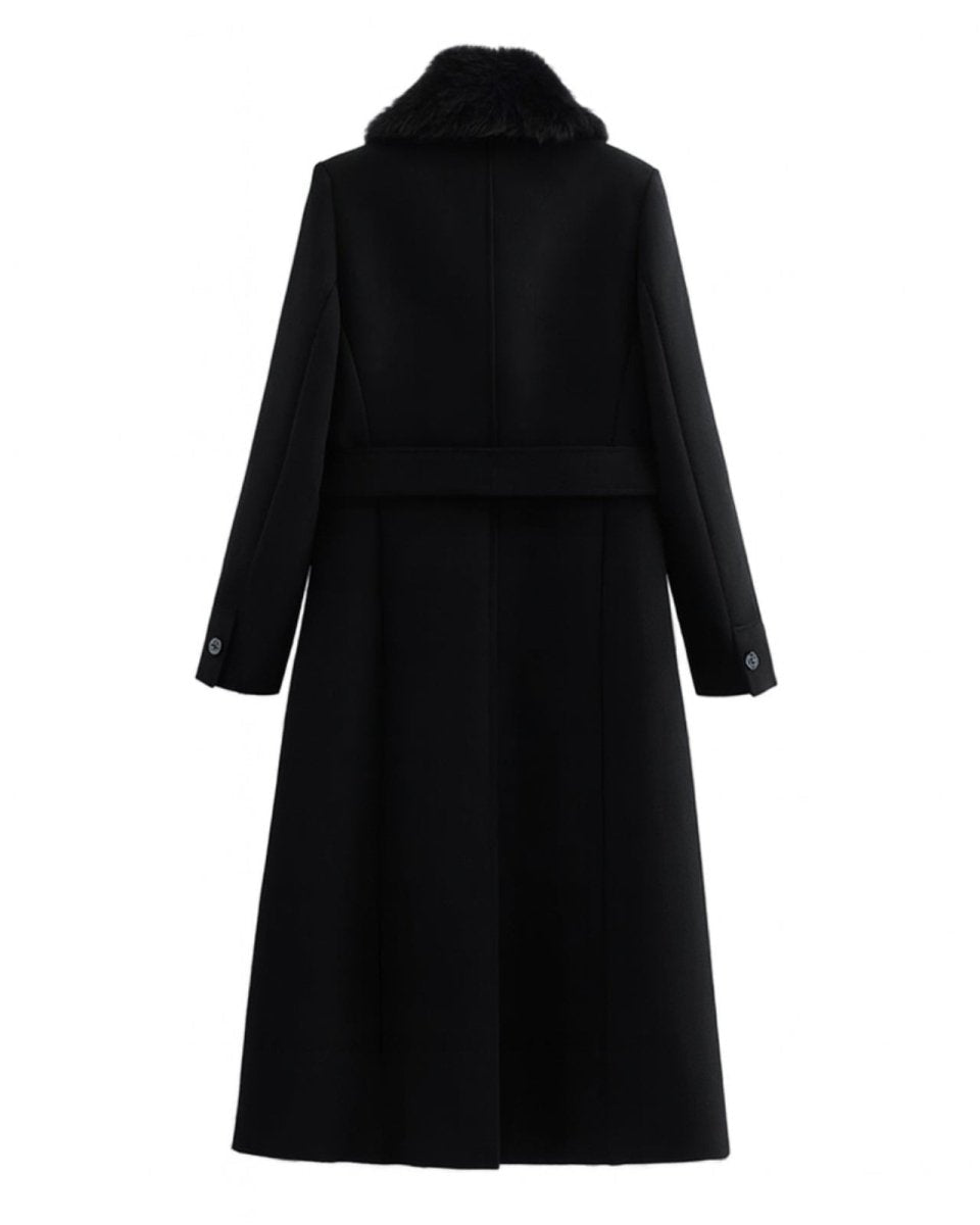Flat lay of the back of the black wool coat, detailing the center seam, belt loops, and sleeve button details.