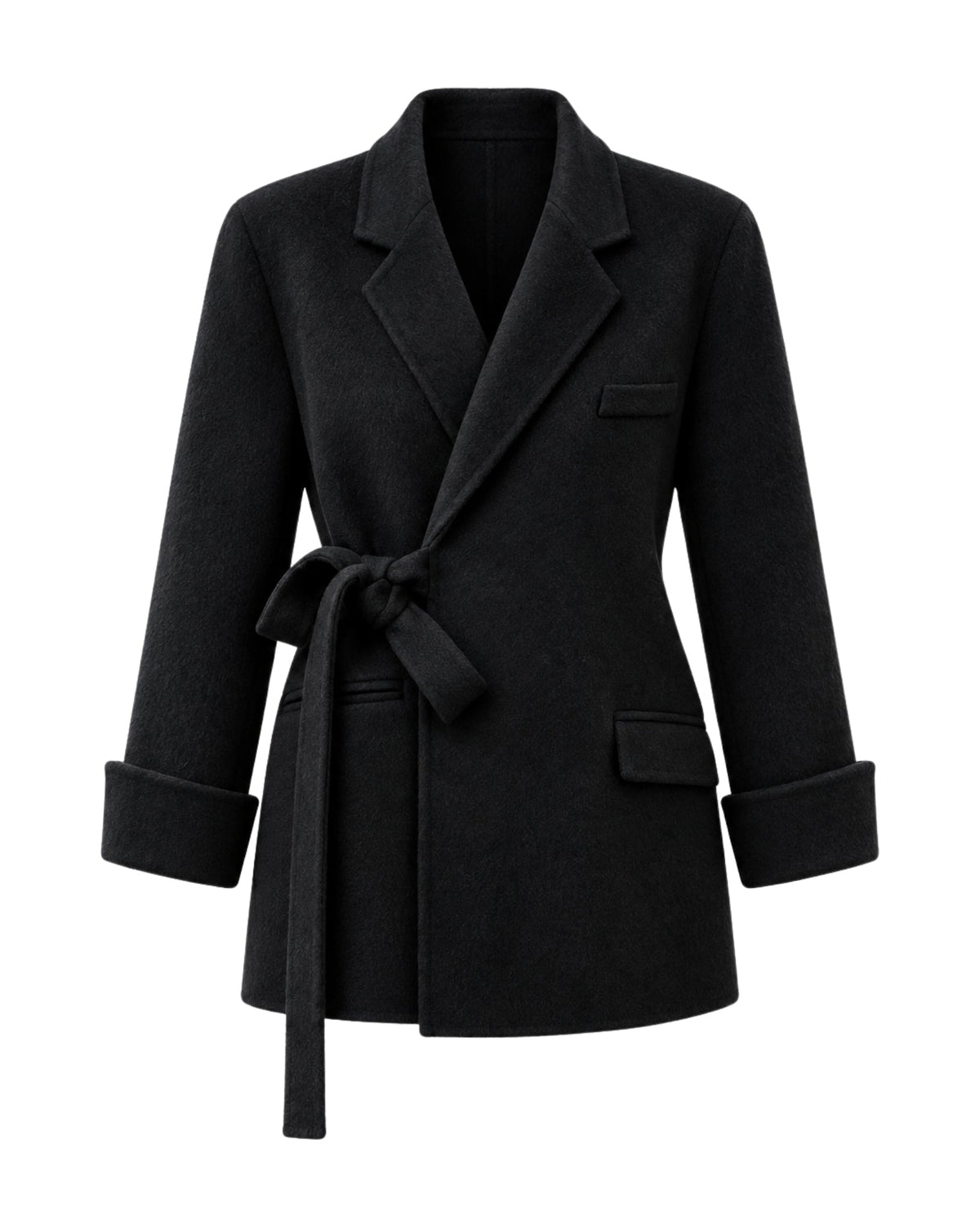 A black wrap-style coat with a tie belt, notched lapels, and cuffed sleeves, shown on a plain white background.