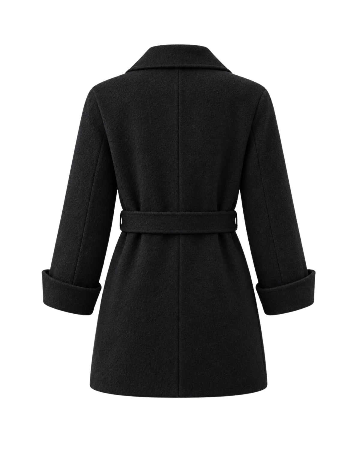 A black long-sleeve coat with a matching waist belt, shown from the back on a plain white background.