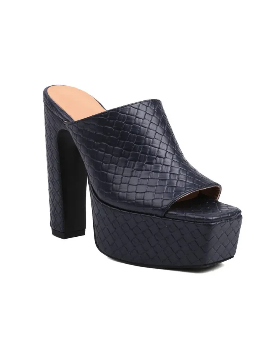 A single dark navy blue platform mule sandal with a high block heel and an embossed crocodile or snake skin texture, shown from a three-quarters angle on a white background.
