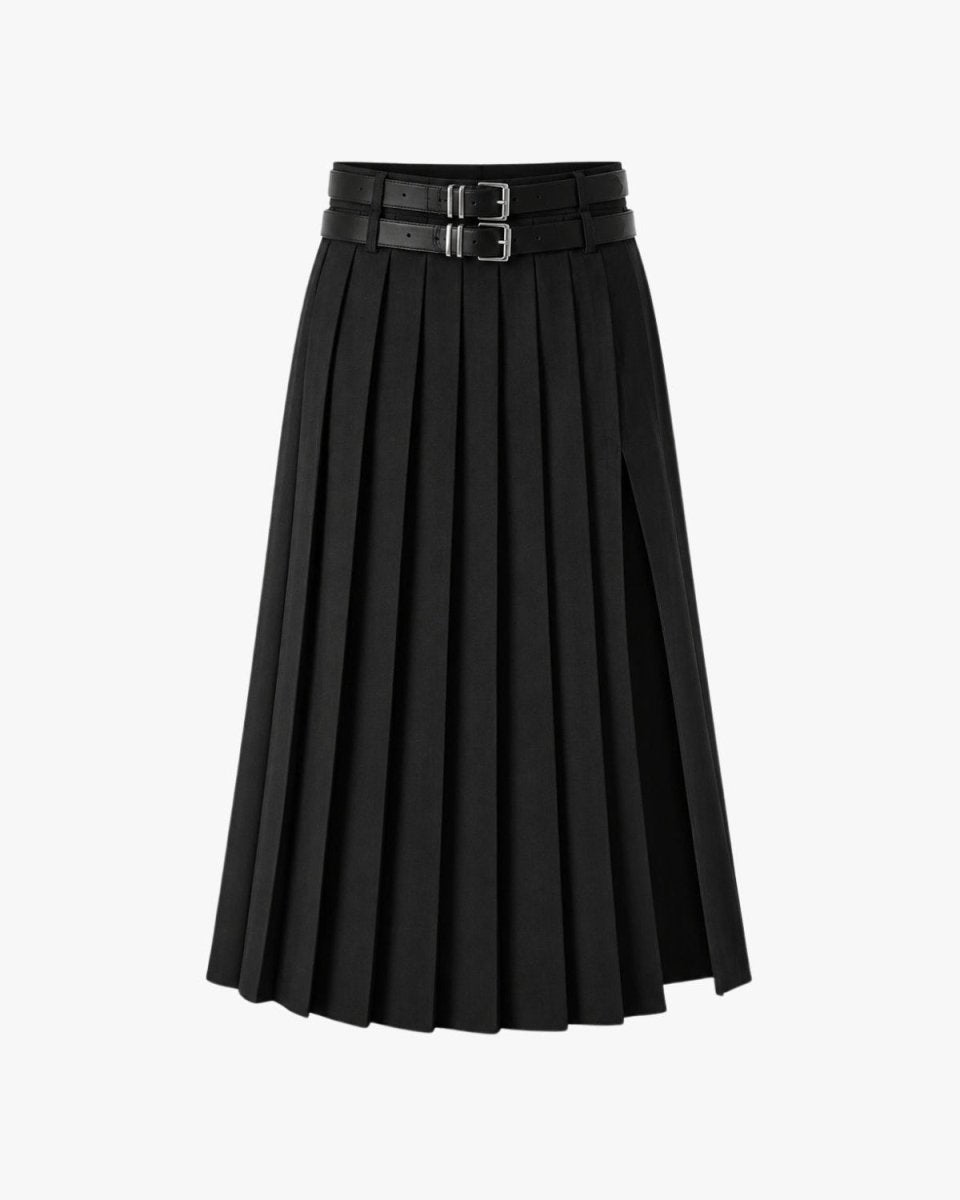 A black pleated midi skirt with a double-buckle black belt at the waist, shown against a plain light gray background.