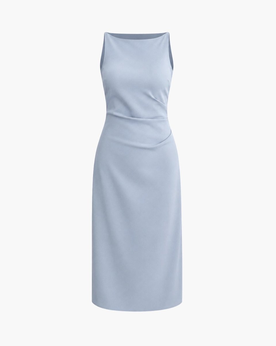 A sleeveless light blue midi dress with a scoop neckline and a wrap-style waist, shown against a plain white background.