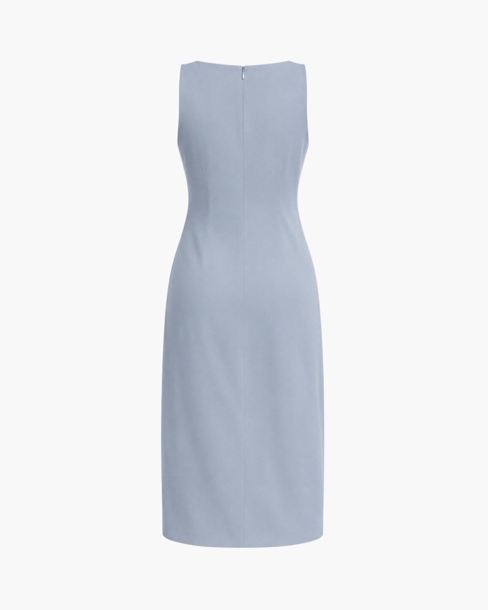 A sleeveless, knee-length sheath dress in a light periwinkle blue color, shown from the back on a clean white background.