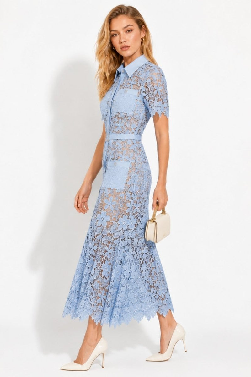 Side angle of blue floral lace midi dress showing fit and flare silhouette.