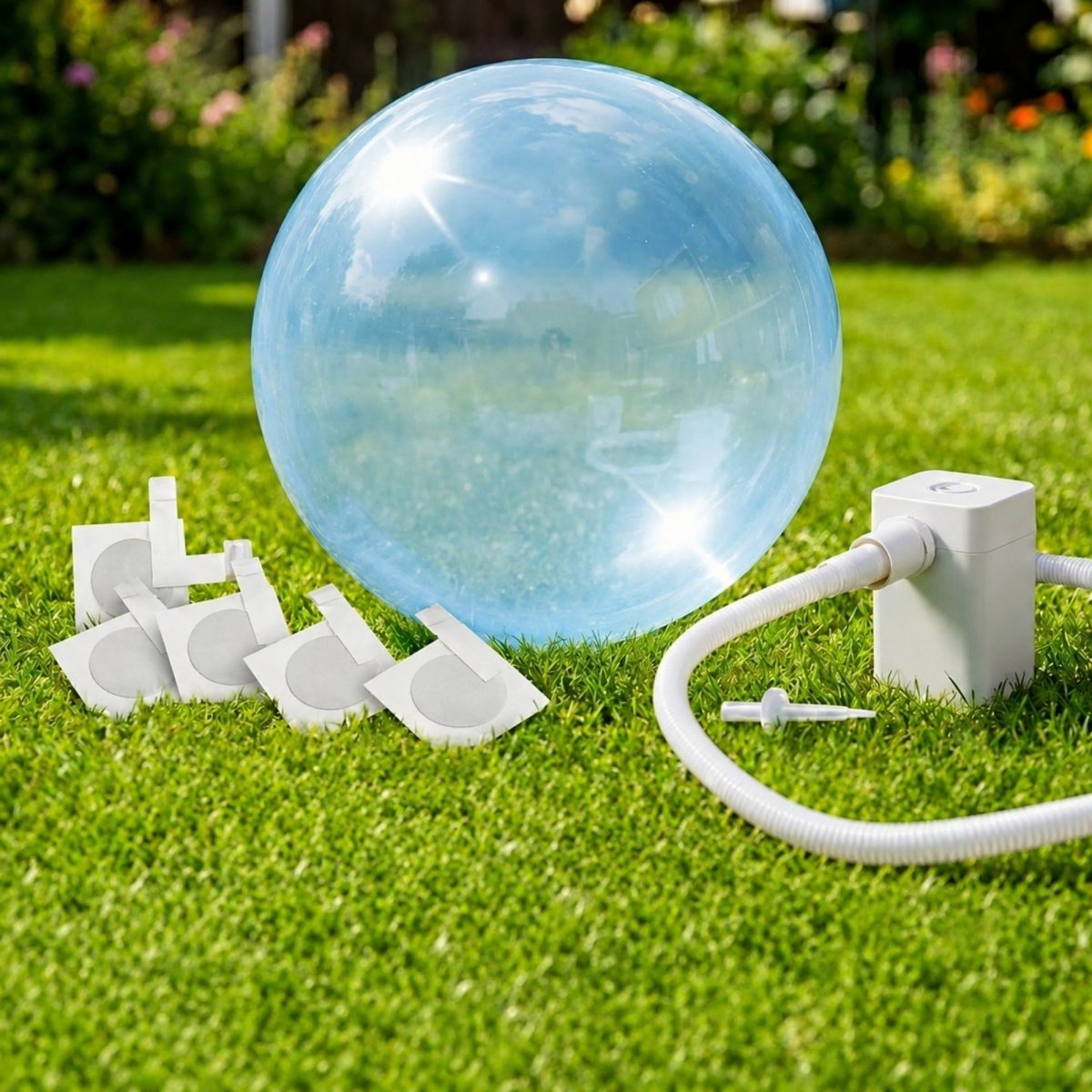 A giant blue jelly balloon ball sitting on the grass next to an included electric air pump and 5 repair patches, labeled as the ultimate fun package.
