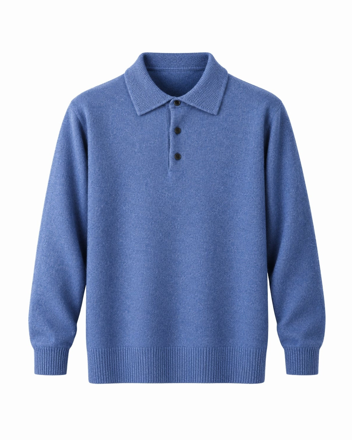 A blue long-sleeve knit polo sweater with a three-button placket, ribbed collar, cuffs, and hem, shown on a plain white background.