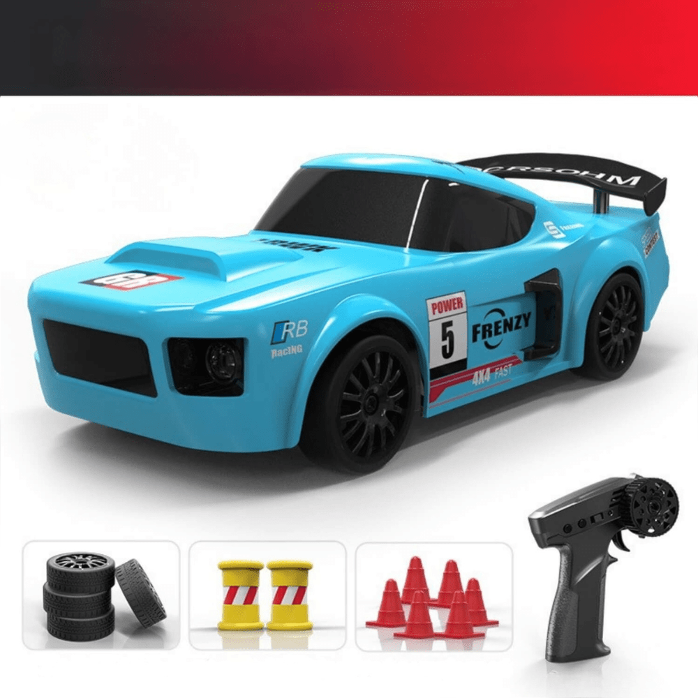 Blue off-road RC buggy with LED lights, jumping over a small bush on a dirt track in a desert environment.