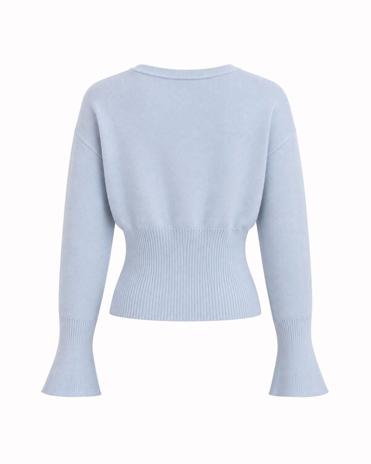 A light blue cropped knit sweater with long flared sleeves, shown from the back on a plain white background.