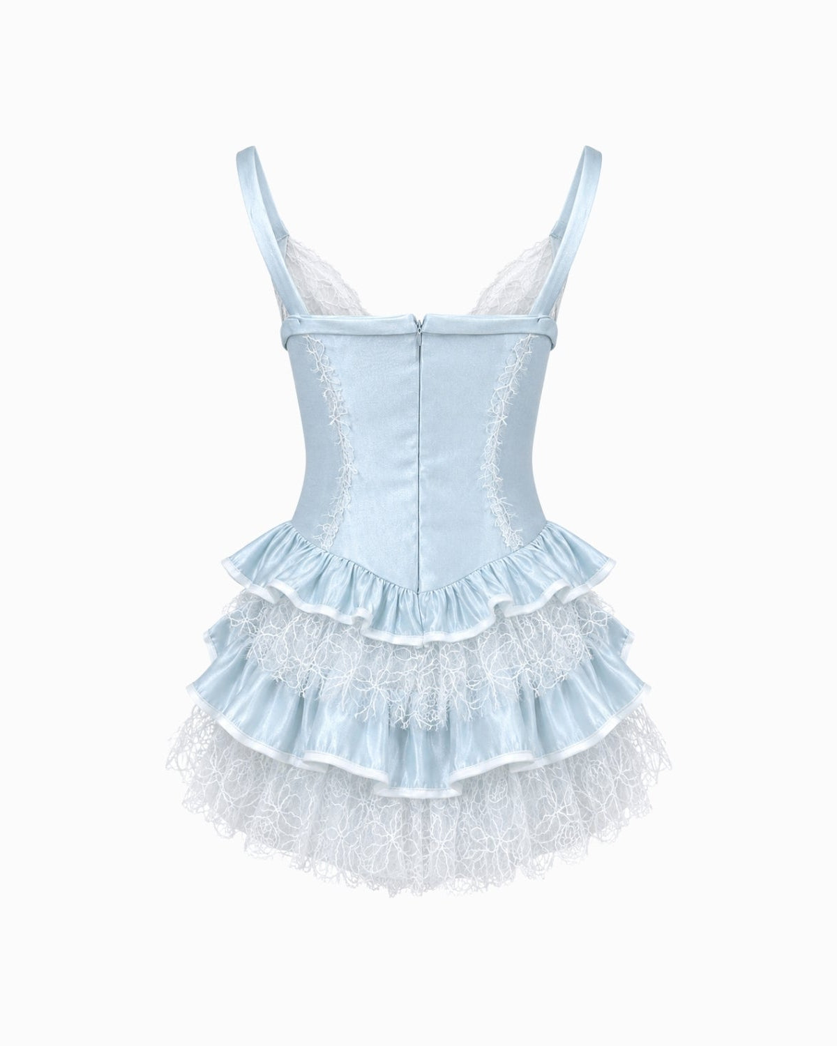 Flat lay back view of a light blue corset party dress highlighting the structured seaming and delicate lace hem.