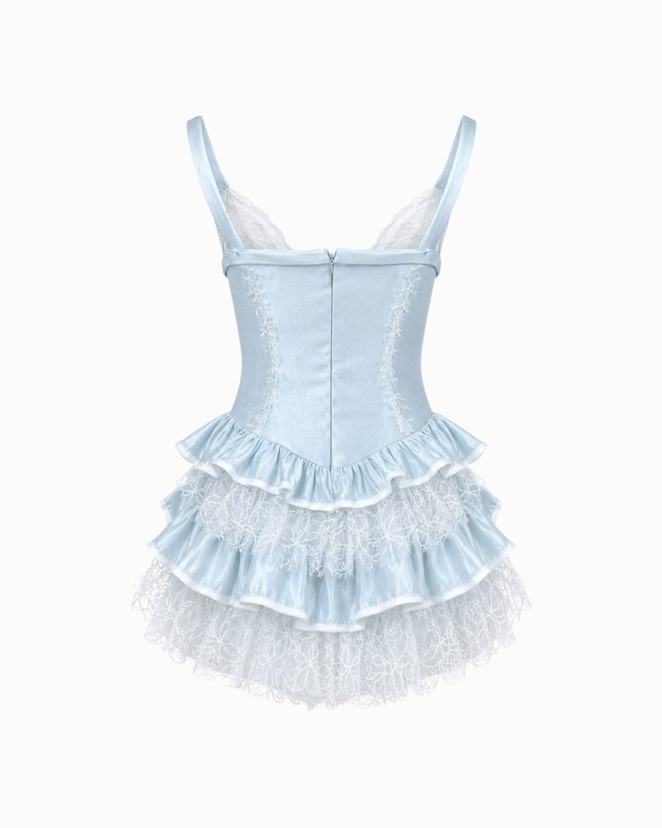 Flat lay back view of a light blue corset party dress highlighting the structured seaming and delicate lace hem.