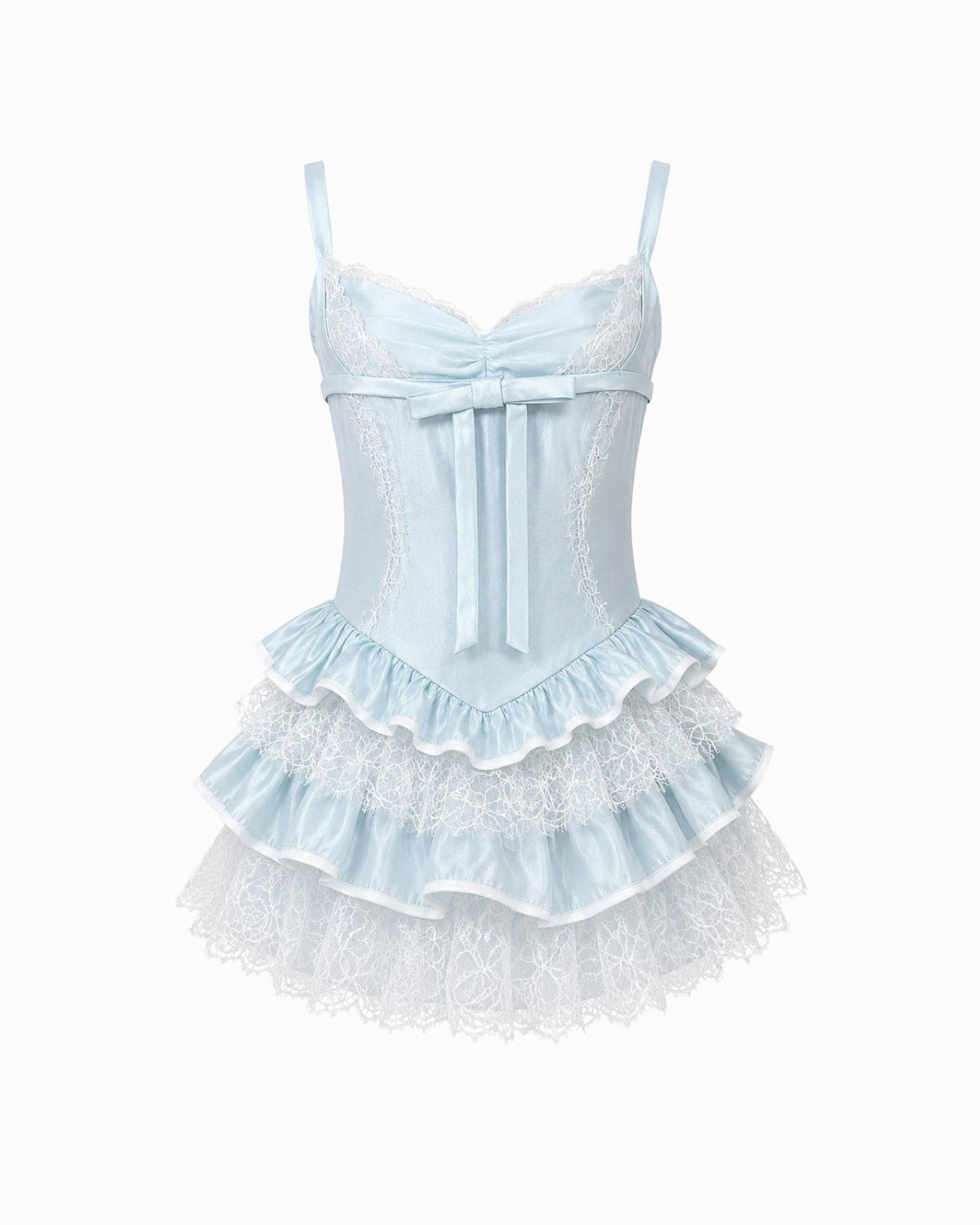 Flat lay front view of a luxury light blue satin bustier dress featuring a center ribbon bow and alternating lace skirt tiers.