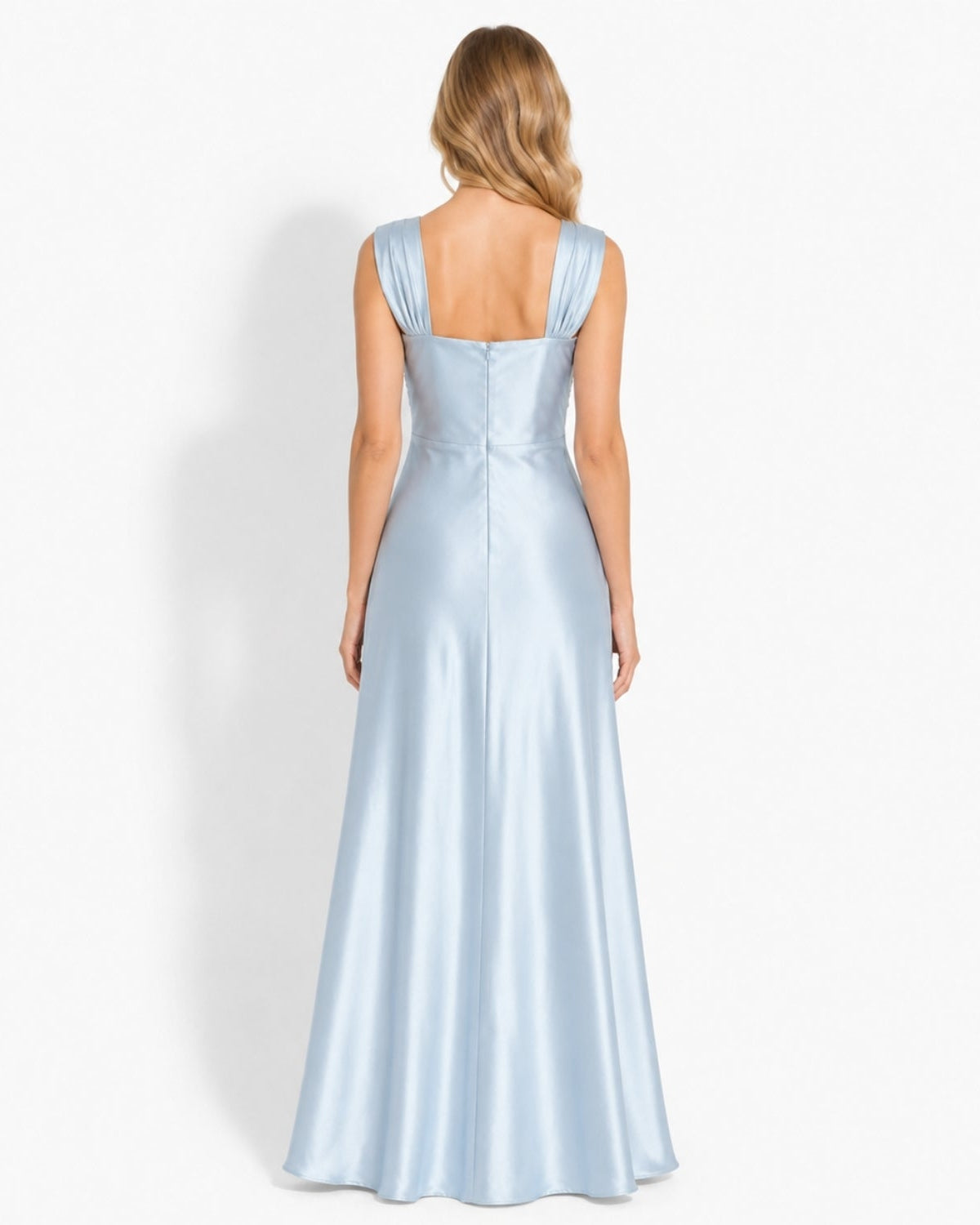 Back view of blue satin formal dress showing a smooth silhouette and concealed zipper detail
