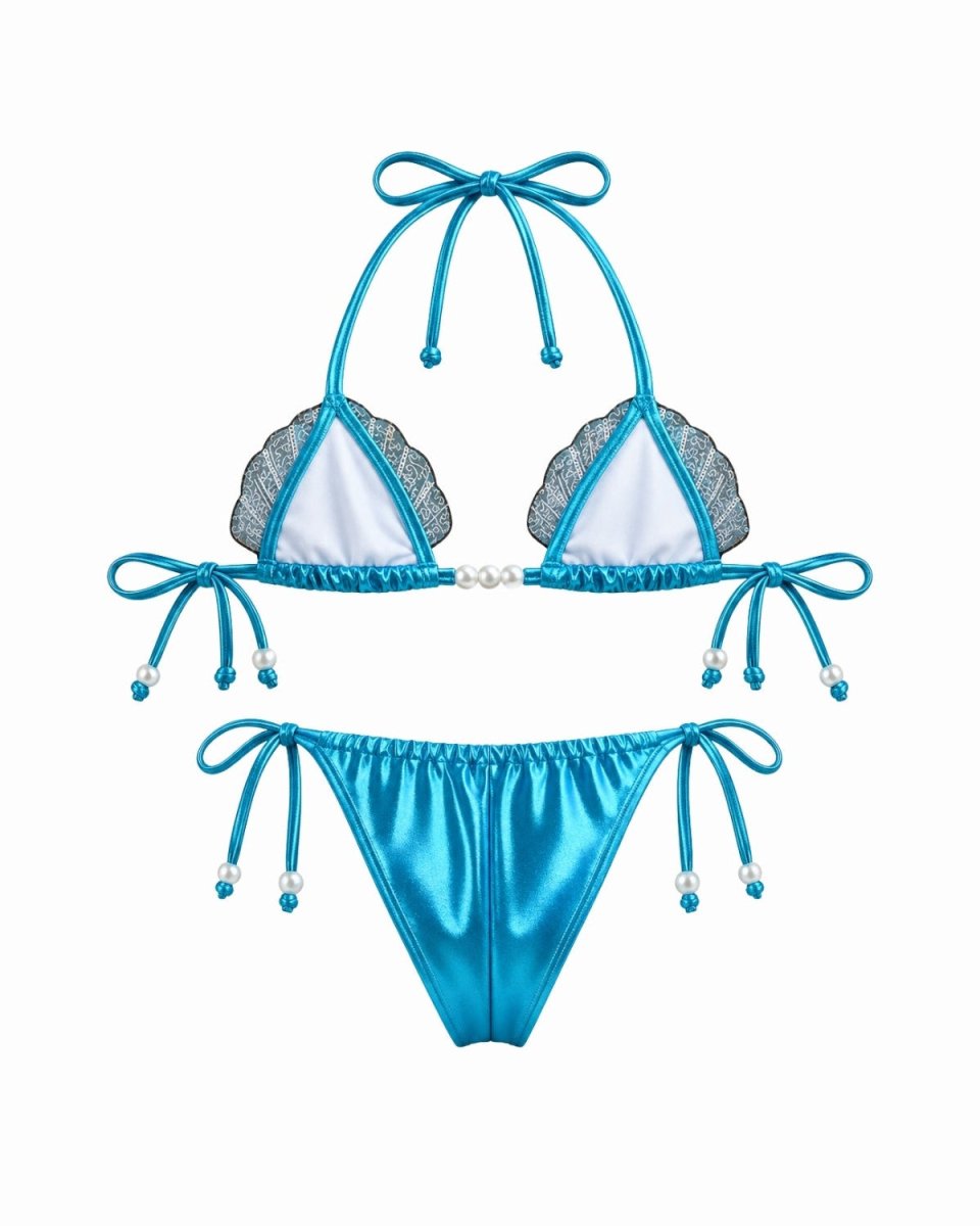 Flat Back view of model wearing luxury blue metallic sequin seashell bikini set with pearl embellishments