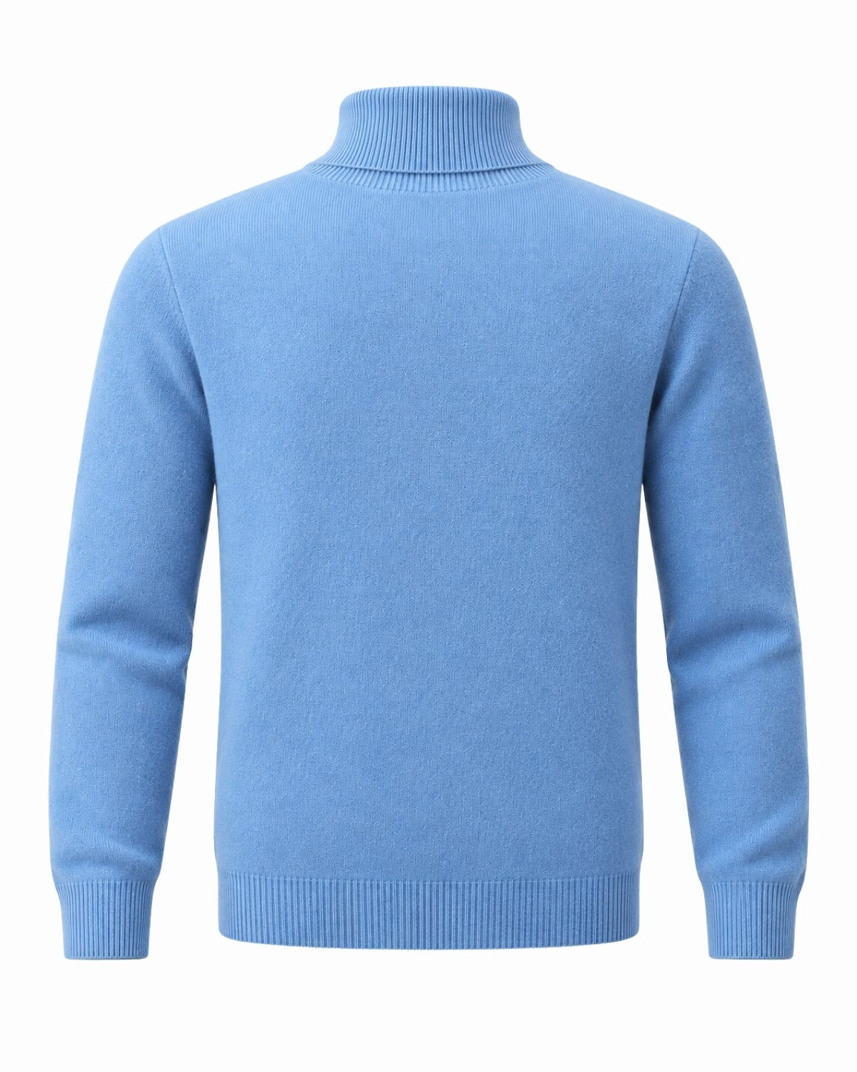A light blue knit turtleneck sweater shown from the back, displayed on a clean white background.